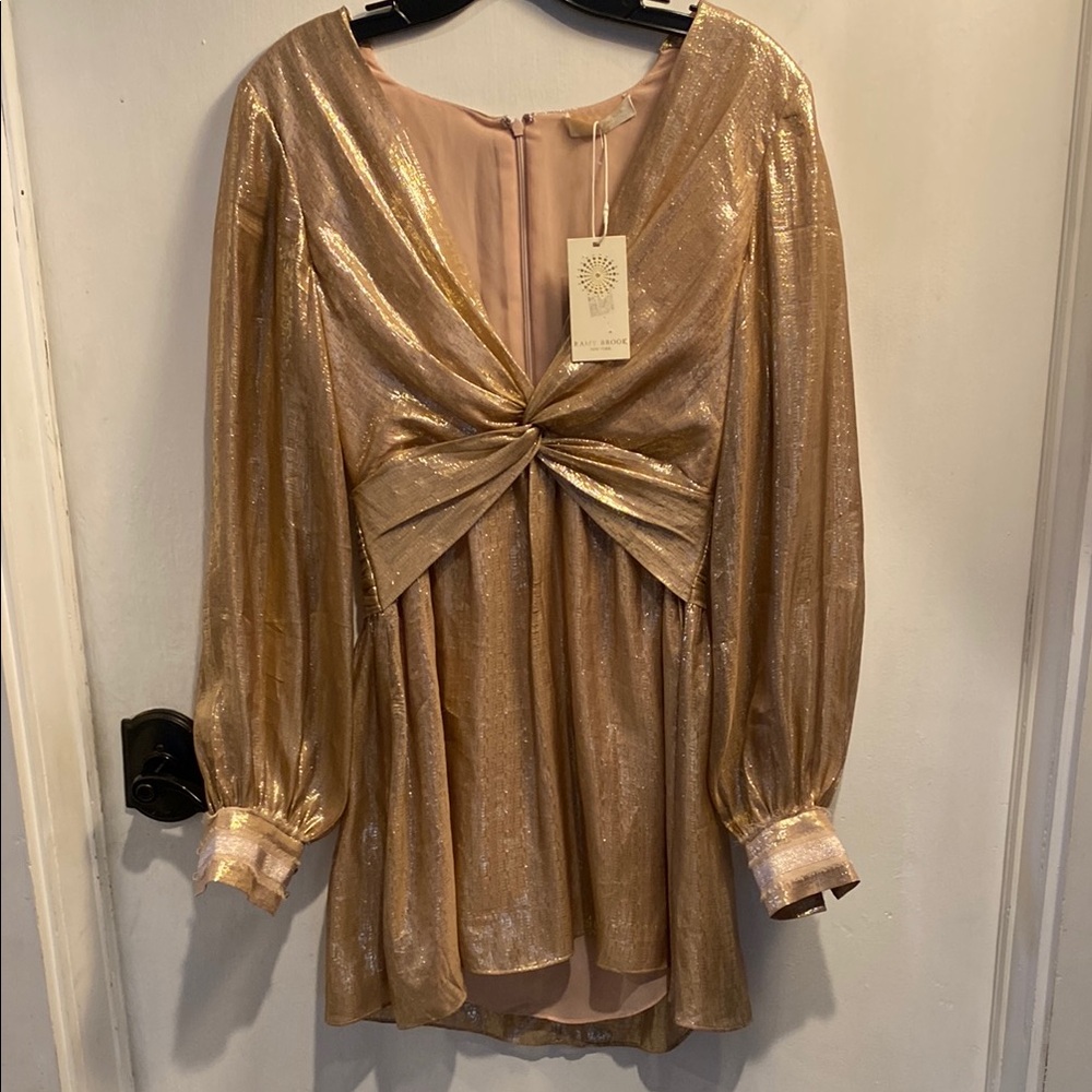 Ramy Brook Gold Elise Babydoll Mini Dress with Bishop Sleeves